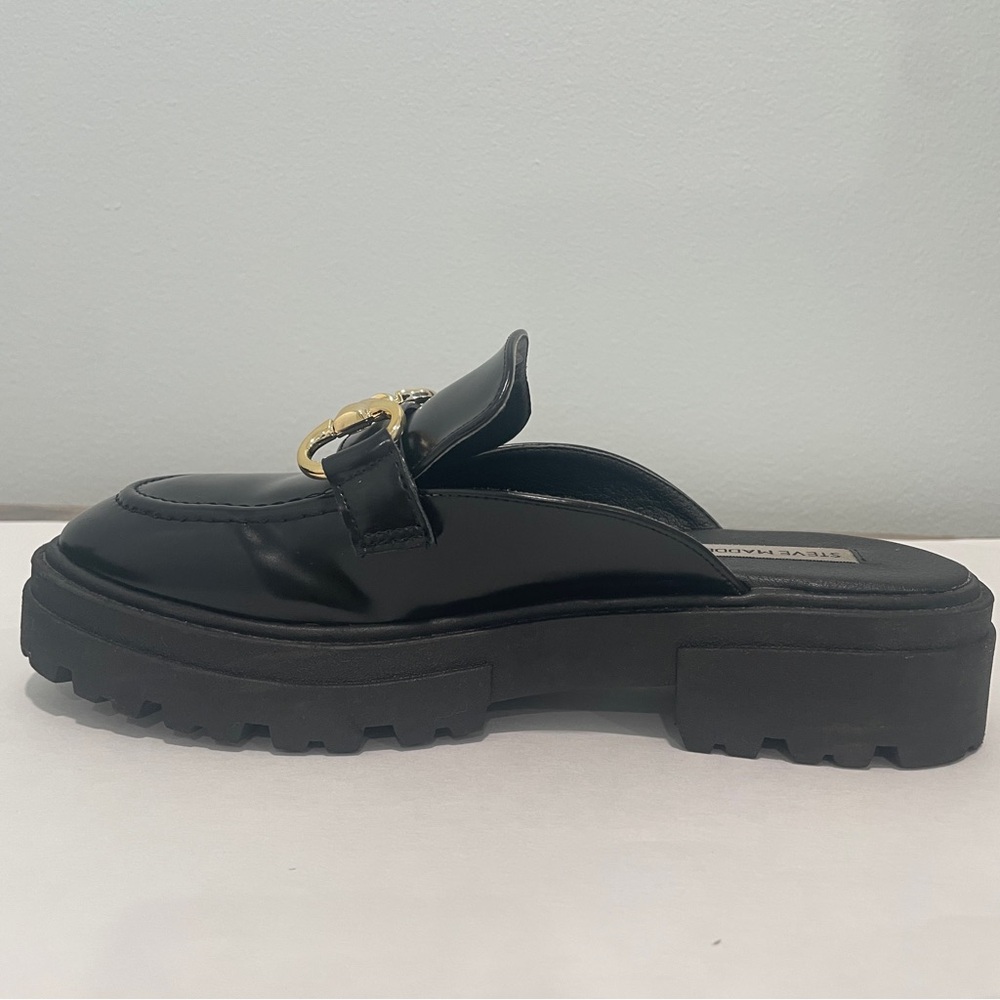 STEVE MADDEN Missk Black Patent Leather Chunky Lug Platform Mule Loafers (7) - Picture 8 of 15